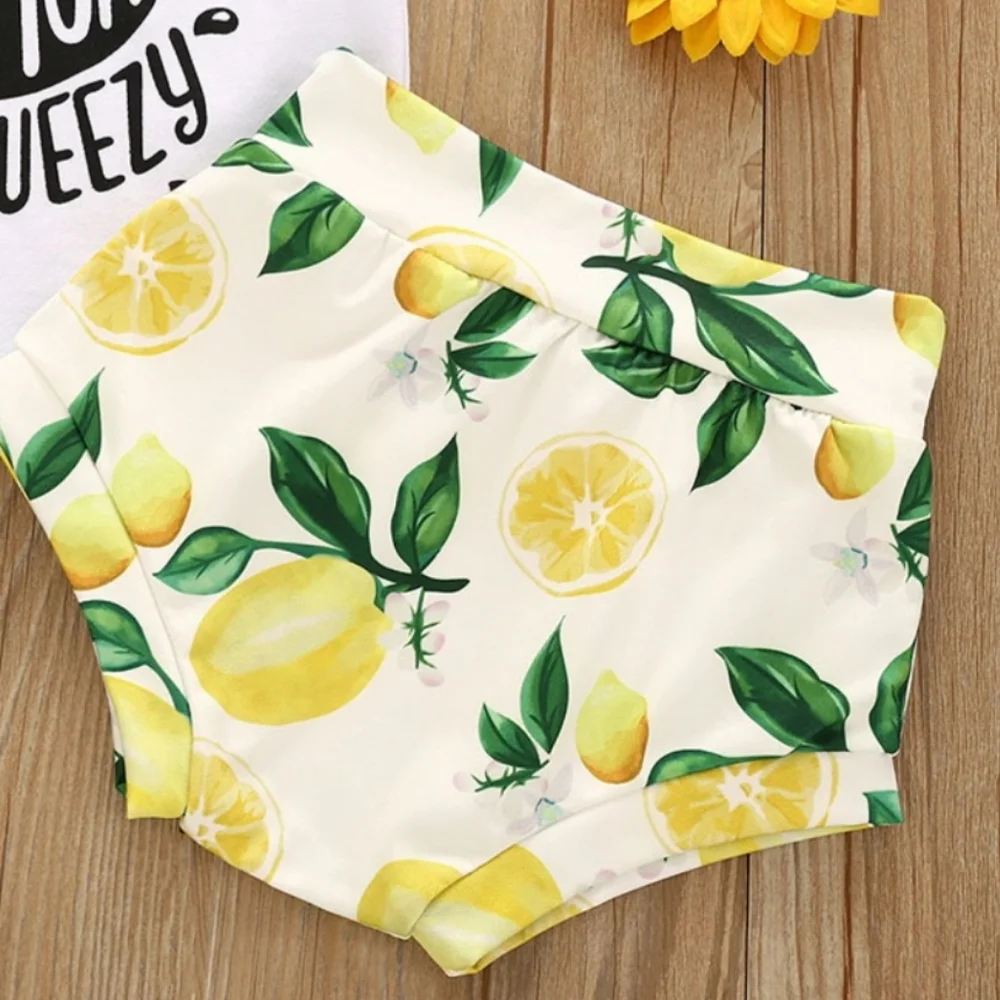 ​Easy Peasy Lemon Squeezy Baby Girl Outfit Set Lemon Print Bummies Graphic Tee